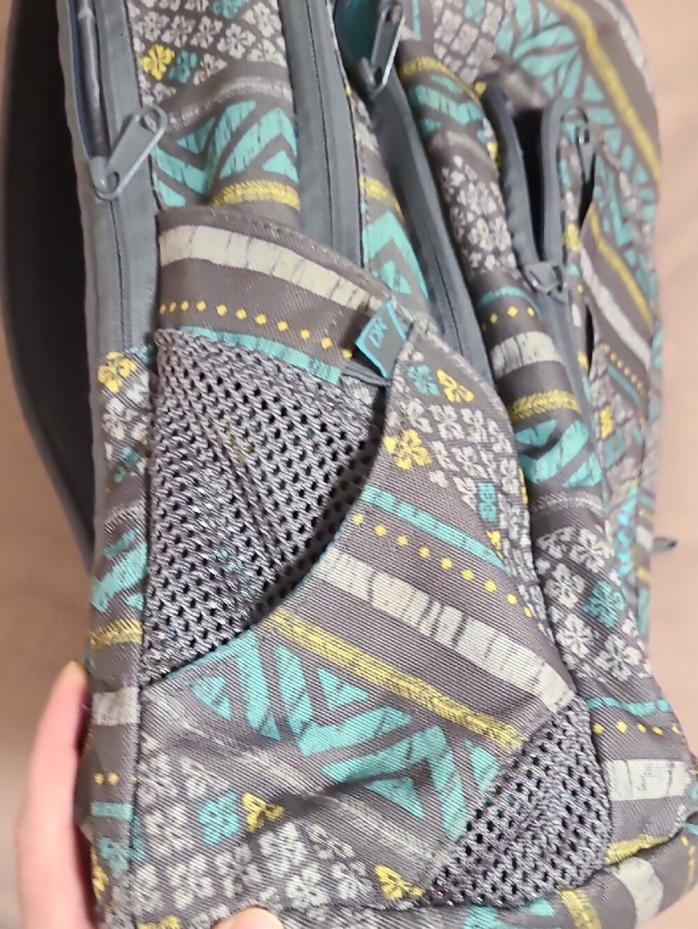 Gray Patterned Backpack with Aqua & Yellow Accents - Picture 10 of 11